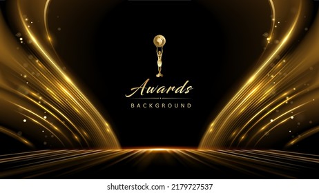 Golden Black Award Background. Waves Luxury Graphics. Stage Motion Visuals. Wedding Entertainment Night. Elegant Luxury Shine Modern Template Certificate. Wave Lines Shining. Globe Horizon in Space Stock Vector