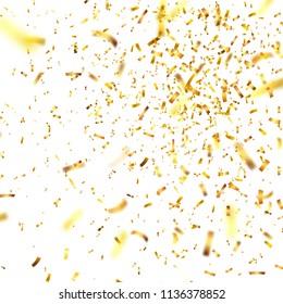 Golden confetti with ribbon. Falling shiny confetti glitters in gold color. New year, birthday, valentines day design element. Holiday christmas background.: stockvector