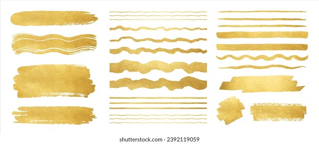 Golden foil artistic vector brush strokes, brushstroke shapes, smears, stripes, rough lines set. Hand drawn textured text backgrounds collection, gold painted graphic elements. Frame, banner templates Immagine vettoriale stock