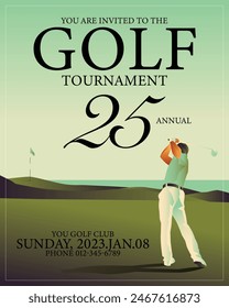 Golfclub competition poster. Template for golf competition or championship event. Blue sky and green golf field. Stock-vektor