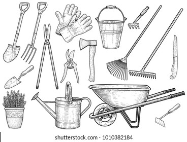 Garden accessories illustration, drawing, engraving, ink, line art, vector Stock Vector