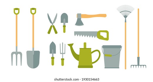 Gardening tools set isolated on white background. Bucket, shovel, pitchfork, rake, pruner, ax, saw, watering can, garden shovels. Vector illustration in cartoon simple flat style. Stock Vector