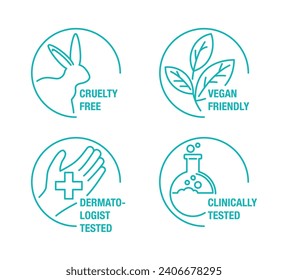 General pictograms set for marking of products in thin line - Vegan Friendly, Clinically Tested, Cruelty Free and Dermatologist tested Stockvektorkép