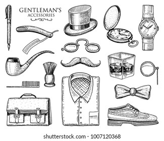 gentleman accessories. hipster or businessman, victorian era. engraved hand drawn vintage. brogues, mustache, shirt and cigar. cylinder hat, smoking pipe, straight razor, monocle, pince-nez 库存矢量图