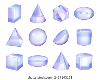Geometric gradient holographic figure or shape. Vector isolated 3d realistic figurines, pyramid and cone, sphere and semicircle, podium and square box. Glass or transparent unblurred crystals Immagine vettoriale stock
