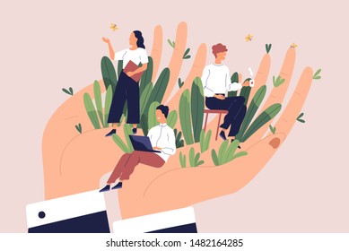 Giant hands holding tiny office workers. Concept of employee care, wellbeing at work or workplace, perks and benefits for personnel, support of professional growth. Flat cartoon vector illustration. Stock Vector