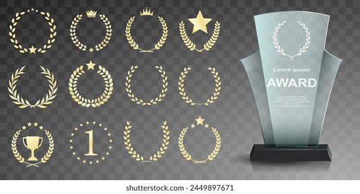 Glass award trophy set. Transparent prize template. Winner first place concept. Vector illustration. Winner glass trophy. First place award, crystal prize and signed acrylic trophies. Glass awarding t Adlı Stok Vektör
