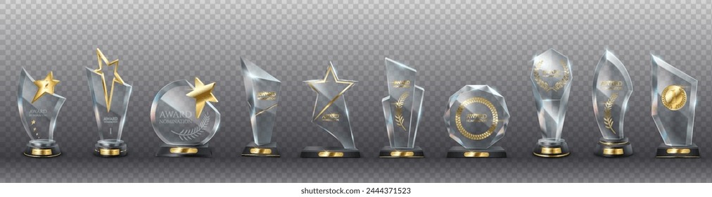 Glass award trophies with golden decor realistic vector illustration set. Victory achievement 3d models on transparent background collection Stockvektor