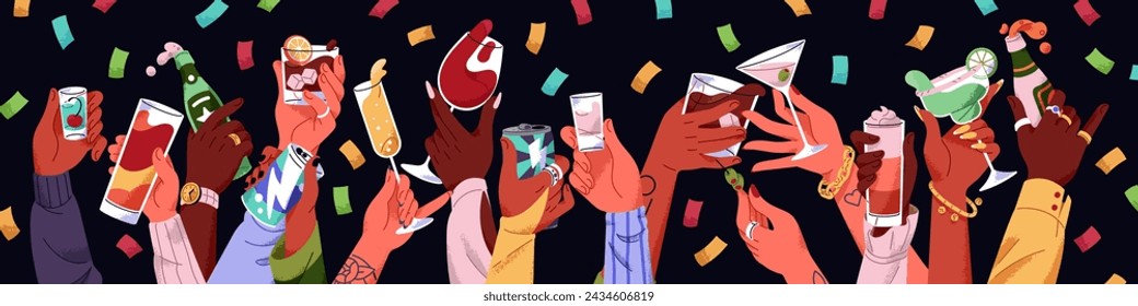 マティーニ、ワイン、シャンパン、エネルギードリンク缶のメガネの手のバナー。人々はパーティーでビール瓶を持って歓声を上げます。友達の楽しみ、アルコールカクテルで祝う。フラットな分離型ベクターイラストのベクター画像素材