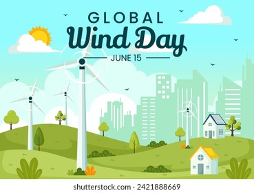 Global Wind Day Vector Illustration on June 15 with Earth Globe and Winds Turbines for Power and Energy Systems on Blue Sky in Flat Cartoon Background: stockvector