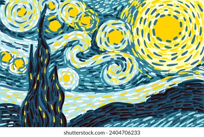Glowing moon on a blue sky abstract background. hand drawing. Not AI. vector pattern in the style of impressionist paintings. – Vector có sẵn