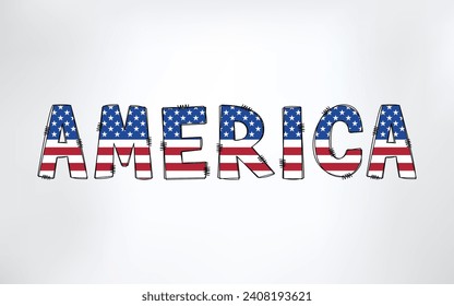 A graphical stylized word America with an American flag pattern. Stock vector illustration isolated on white background. Immagine vettoriale stock