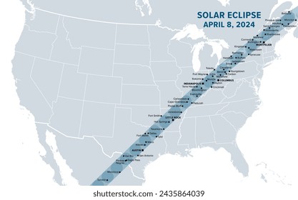 Great American Total Solar Eclipse of April 8, 2024. Political map containing names of cities inside the path of totality. Visible across North America, passing over Mexico, United States, and Canada. Immagine vettoriale stock