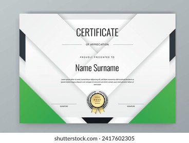 Green and black modern certificate template for corporate, achievement, diploma, award, graduation, completion, appreciation, acknowledgement, recognition etc Arkistovektorikuva