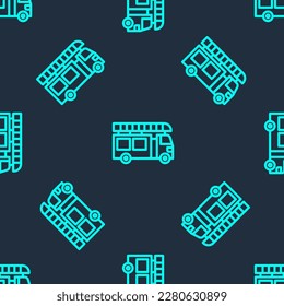 Green line Fire truck icon isolated seamless pattern on blue background. Fire engine. Firefighters emergency vehicle.  Vector Immagine vettoriale stock