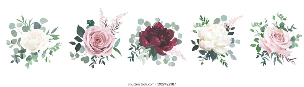 Greenery, burgundy red and white peony, blush rose flowers vector design wedding bouquets. Rustic greenery. Mint and wine red tones. Watercolor arrangement decor. Summer style. Isolated and editable Stock Vector