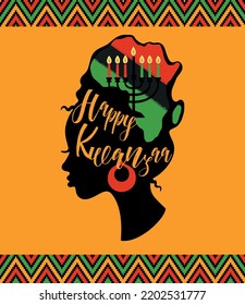 Greeting card for Kwanzaa with African women. Vector illustration. Happy Kwanzaa decorative greeting card. seven kwanzaa candles in map Africa. Vektor Stok