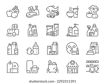 Grocery types icon set. It included Grocery shop, store, super market, mart, flea market, and more icons. स्टॉक वेक्टर