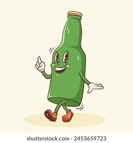 Groovy Beer Cartoon Retro Character Emblem Illustration. Drink Bottle Walking Smiling Vector Logo Mascot Template. Happy Vintage Cool Alcohol Beverage Rubber Hose Style Personage Drawing. Isolated: stockvector