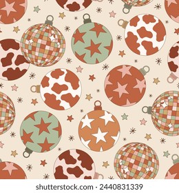 Groovy Howdy Christmas tree balls ornated with stars cow spots and disco ball shape vector seamless pattern. Hand drawn retro Xmas December 31 holiday season wild west aesthetic background. Perfect Immagine vettoriale stock