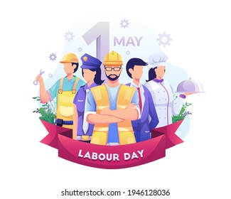 A Group Of People Of Different Professions. Businessman, Chef, Policewoman, construction workers. Labour Day On 1 May. vector illustration Stock Vector