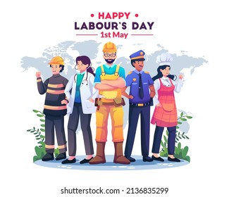 A Group of People in different Professions. Construction worker, Female Doctor, Policeman, Chef woman, Fireman standing together celebrate Labour day. Flat style vector illustration Stock Vector