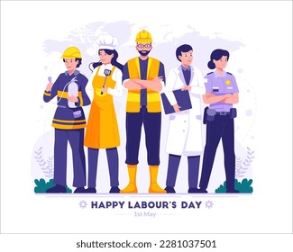 A Group Of People In Different Professions. A Construction worker, Doctor, Police Woman, Fireman, Chef Woman. Labour Day On 1st May. Vector Illustration Stock Vector