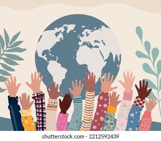 Group of raised hands of joyful happy multicultural children. Hands up of kids from different nations and cultures. Diversity. Globe earth background. Peace tolerance or ecology concept स्टॉक वेक्टर