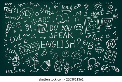 英語を話しますか。英語の学習コンセプトのベクターイラスト。家庭向け語学教育オンラインコースの落書き。英語のワードアート付きの背景デザインのベクター画像素材