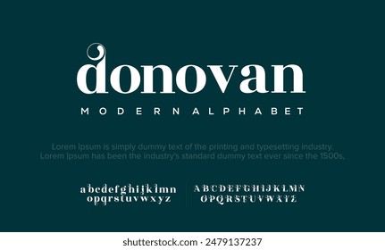Donovan抽象的ファッションフォントのアルファベット。ロゴ、ブランドなど、モダンな都市フォントを最小限に抑える書体の書体の大文字の小文字と数字。ベクターイラストのベクター画像素材