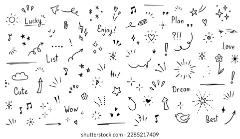 Doodle cute glitter pen line elements. Doodle heart, arrow, star, sparkle decoration symbol set icon. Simple sketch line style emphasis, attention, pattern elements. Vector illustration. Stock-vektor