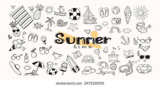Doodle set of summer icon symbol  hand drawn vector illustration. Beach vacation travelling concept isolated on white background. Stockvektorkép