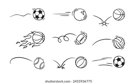  Doodle sport ball trajectory bounce collection. Line hand drawn balls set. Vector illustration Stockvektorkép