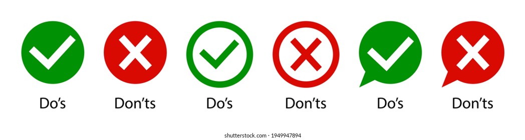 Dos and dont. Do and don. Icon of wrong and right. Tick or cross. Mark of check and correct. Ok, yes-green. X, false-red. Sign of good or bad. List of icon for approved, reject. Logo of quiz. Vector. – Vector có sẵn