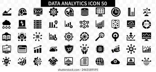 Data analytics icon set. Big data analysis technology symbol. Containing database, statistics, analytics, server, monitoring, computing and network icons. Solid icons vector collection, vector de stoc