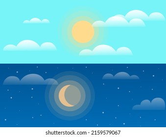 太陽、雲、月、星と昼と夜空のイラスト。天気と日の異なる時間、暗いと光、青の朝と夕方と日水平バナー中の光の変化のベクター画像素材