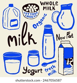 Dairy doodle vector illustration set. Milk package and utensils drawings. Stockvektorkép