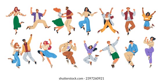 Dancing people. Happy people dance to music. Happy people jumping. Set of characters having fun at party. Men and women in motion, different free poses. Jumping for fun and joy. Laughing people set Immagine vettoriale stock
