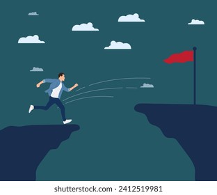 Determined young man running to jump off a steep cliff to conquer victory or finish line goal. Success concept vector illustration. Immagine vettoriale stock