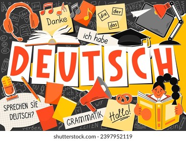 ドイツ語ドイツ語コラージュ。翻訳： 「ドイツ語、あなたはドイツ語を話しますか？ありがとう、文法、彼、彼、彼女、それは私、私は持っている、時間、be、未来、こんにちは、動詞、あなた」 。 のベクター画像素材