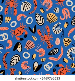 Delicious seafood doodles with various crustaceans, shells and mussels. Vector seamless food theme pattern, isolated on blue background Stockvektorkép
