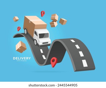 Delivery and online shopping concept ,Cargo trucks drive on winding roads and there is a parcel box or cardboard box, all red maps floating in the air around, vector 3d isolated on blue background 库存矢量图
