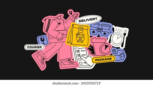 Delivery stickers. Collection of various labels, tags, stickers, stamps, food delivery, packaging. Cool hipster stickers in 90s style. Vector set, trandy promo labels 库存矢量图