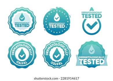 Dermatologically tested stamps. Dermatology label for sensitive skin baby cosmetic lotion or pure skin and body care products. Antibacterial alcohol or medical wash label. Vector illustration. Stockvektorkép