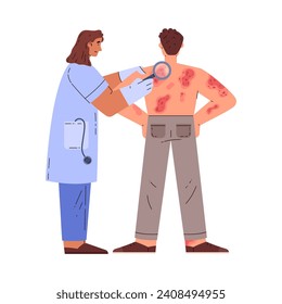 Dermatologist examine patient with skin disease. Doctor checking inflammation on patient's back. Men suffering with psoriasis. Hand drawn vector illustration on white background. Stockvektorkép