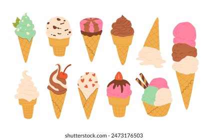 Desserts, sweet eating set. Yummy street food, confectionery snacks. Cone waffle with filling, icecream balls in cup, ice-cream in cone. Flat vector illustrations isolated on white background 库存矢量图