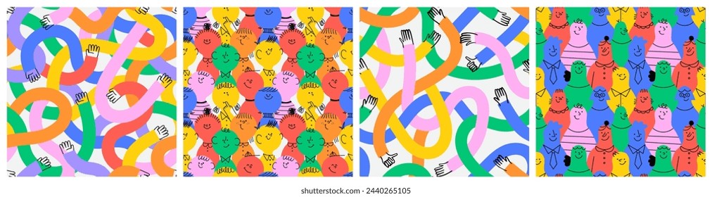 Diverse colorful people seamless pattern illustration set. Funny multicolor hand community background print. Friend team, business teamwork or community hands together drawing collection. Imagem Vetorial Stock