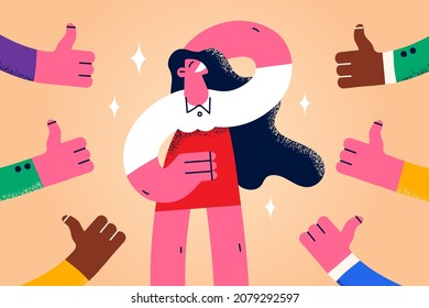 Diverse people show thumbs up to glamorous elegant woman. Smiling young girl feel popular get likes and feedback from subscribers in social media. Recognition, public popularity. Vector illustration. Arkistovektorikuva