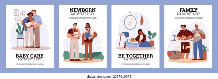 Diverse people taking care of babies, set of posters - flat vector illustration. Happy family with newborn child. Mother and father nursing baby, carrying in sling and changing diapers. 库存矢量图