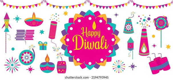Diwali festival flat modern elements illustration and icon set for graphic and web design templates or deepavali firecrackers, Diwali crackers flat vector, color full vector fireworks on white Stock Vector